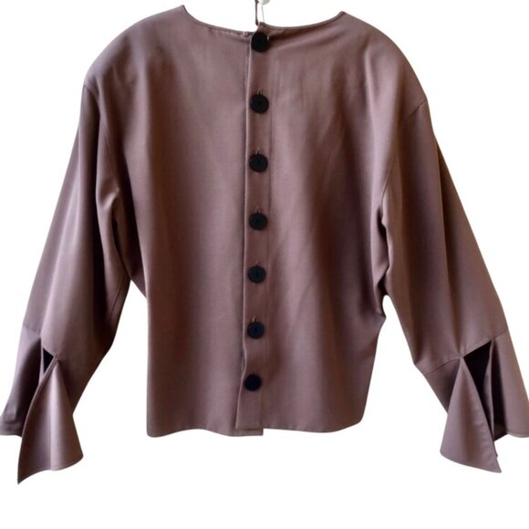 Krizia Italy Vintage Brown WOOL Lined Top Flounce Cuffs Button up Back - Picture 8 of 13